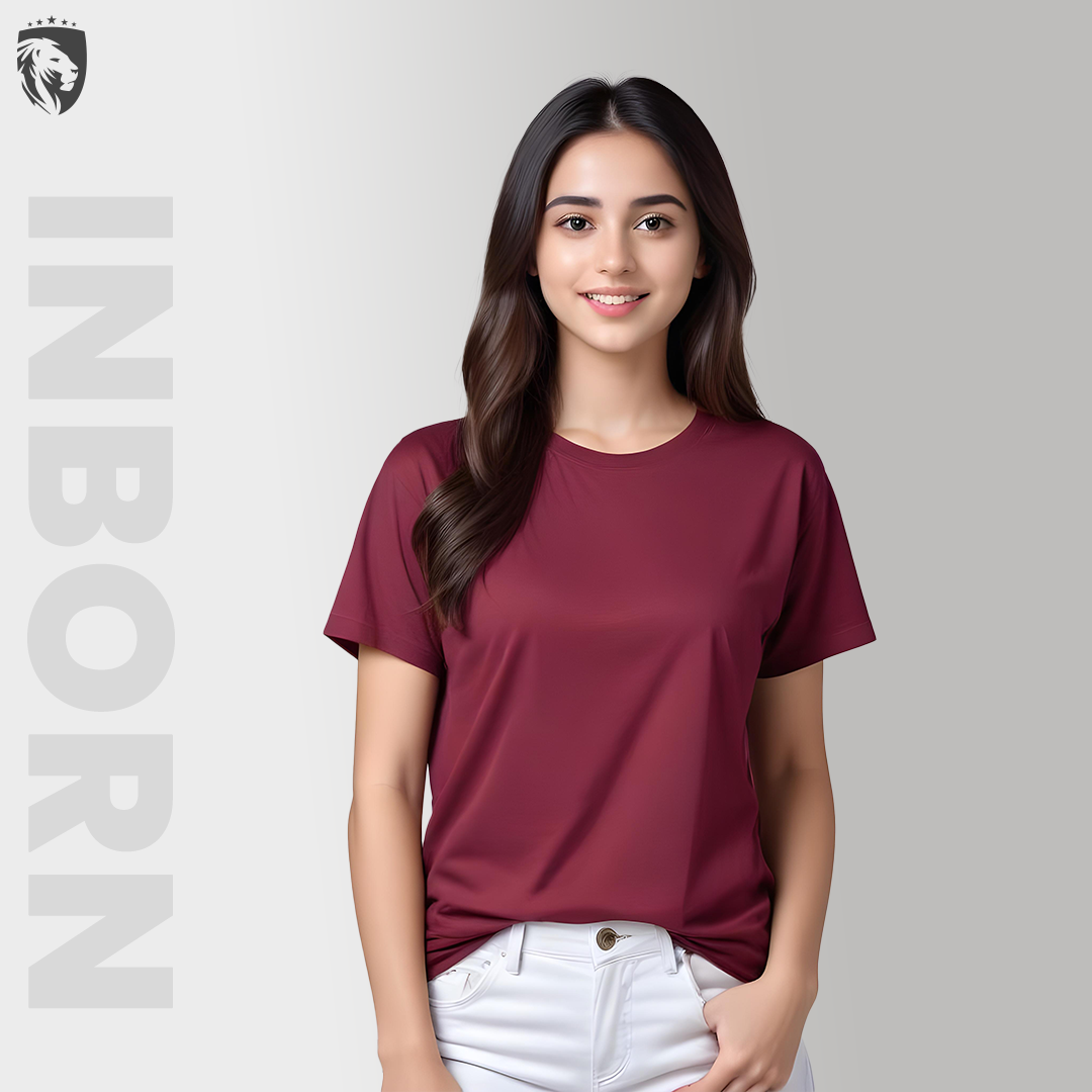 Inborn Maroon Solid Plain Women T-shirt